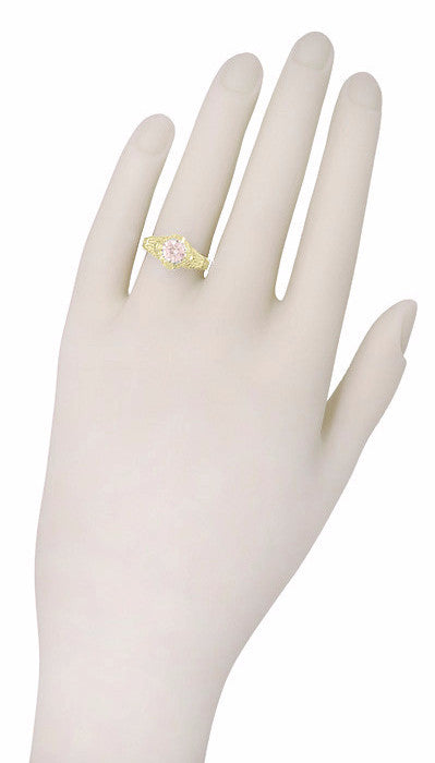 Art Deco Engraved Filigree Morganite Engagement Ring in 14 Karat Yellow Gold - Item: R161YM - Image: 4