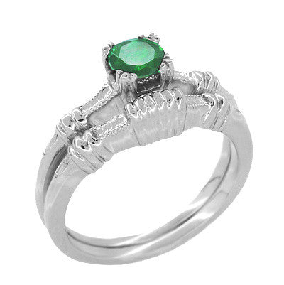 Art Deco Hearts and Clovers Platinum Soltiaire Emerald Engagement Ring - Item: R163P - Image: 3
