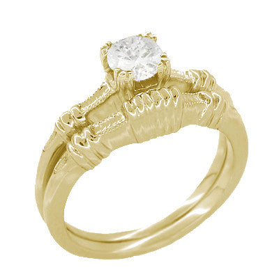 Art Deco Clovers and Hearts Yellow Gold Solitaire White Sapphire Engagement Ring - Item: R163Y50WS - Image: 3