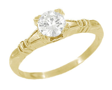 Art Deco Clovers & Hearts Antique Yellow Gold Solitaire White Sapphire Engagement Ring - R163Y50WS