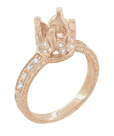 Filigree Engraved Butterflies Art Deco 1 Carat Diamond Engagement Ring Setting in 14 Karat Rose ( Pink ) Gold - Item: R178R - Image: 3
