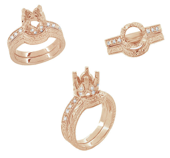 Filigree Engraved Butterflies Art Deco 1 Carat Diamond Engagement Ring Setting in 14 Karat Rose ( Pink ) Gold - Item: R178R - Image: 6