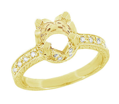 18 Karat Yellow Gold Art Deco Filigree Loving Butterflies Engraved 1 Carat Diamond Engagement Ring Setting - alternate view