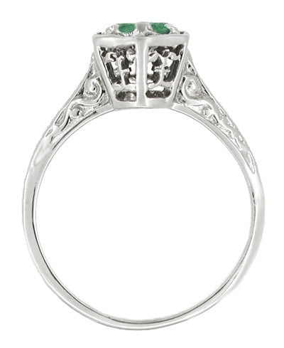 Art Deco Hexagon Emerald Filigree Engagement Ring in 14 Karat White Gold - Item: R180W33E - Image: 2