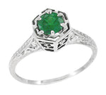 Art Deco Hexagon Emerald Filigree Engagement Ring in 14 Karat White Gold