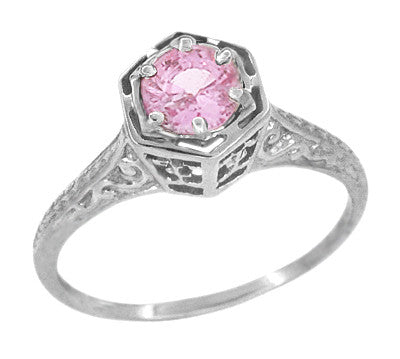Hexagonal Art Deco Antique Pink Sapphire Filigree Engagement Ring in White Gold - R180W33PS