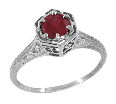 Art Deco Ruby Vintage Hexagonal Filigree Engagement Ring in White