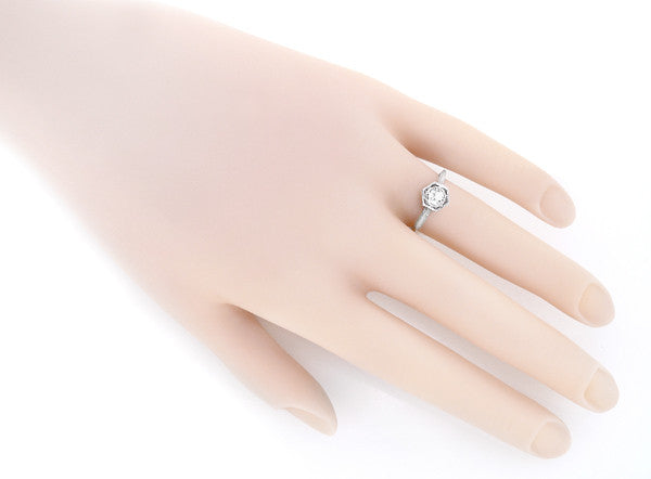 Hexagon Art Deco White Sapphire Filigree Engagement Ring in 14K White Gold - Item: R180W33WS - Image: 3