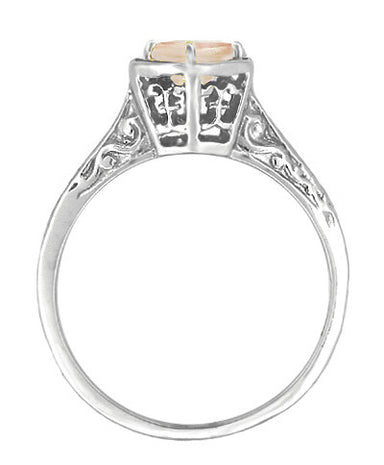 Filigree Engraved Art Deco Hexagon Morganite Ring in 14 Karat White Gold - alternate view