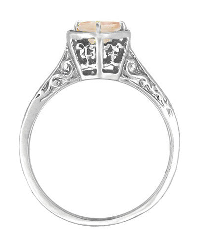 Filigree Engraved Art Deco Hexagon Morganite Ring in 14 Karat White Gold - Item: R180W75M - Image: 2