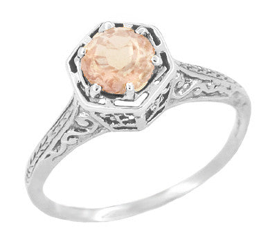 Art Deco Solitaire Morganite Engraved Filigree Vintage Hexagon
