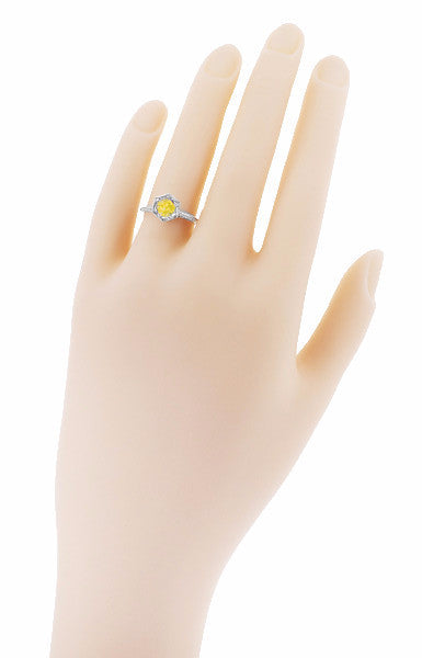 Art Deco Yellow Sapphire Filigree Hexagon Engagement Ring in 14 Karat White Gold - Item: R180W75YS - Image: 3