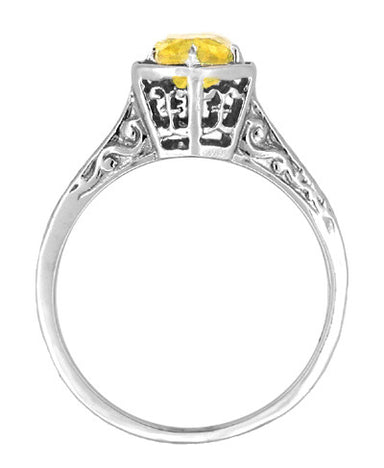 Art Deco Yellow Sapphire Filigree Hexagon Engagement Ring in 14 Karat White Gold - alternate view
