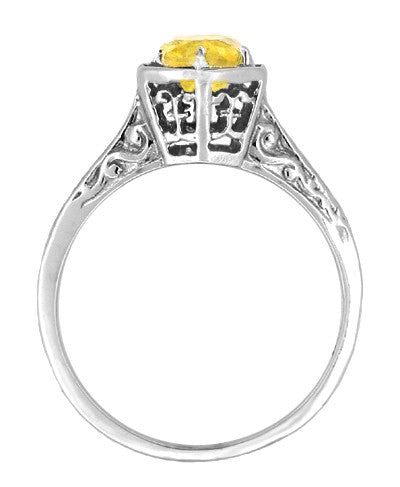 Art Deco Yellow Sapphire Filigree Hexagon Engagement Ring in 14 Karat White Gold - Item: R180W75YS - Image: 2