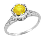 Art Deco Yellow Sapphire Filigree Hexagon Engagement Ring in 14 Karat White Gold