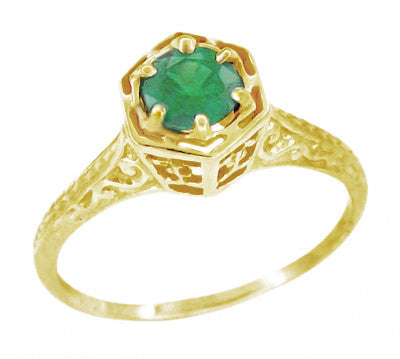Yellow Gold Art Deco Hexagon Filigree Vintage Emerald Engagement Ring - R180Y33E
