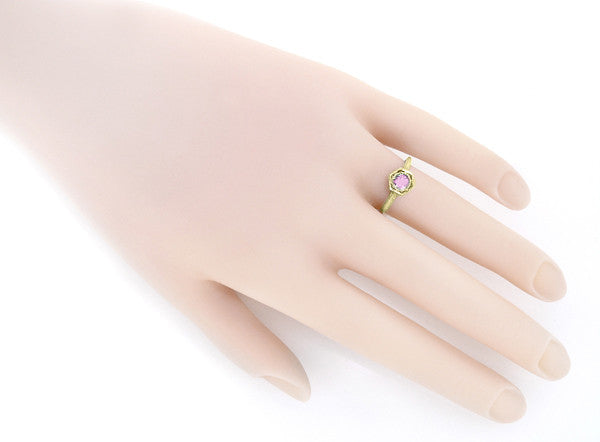 Art Deco 14 Karat Yellow Gold Pink Sapphire Hexagon Filigree Engagement Ring - Item: R180Y33PS - Image: 3