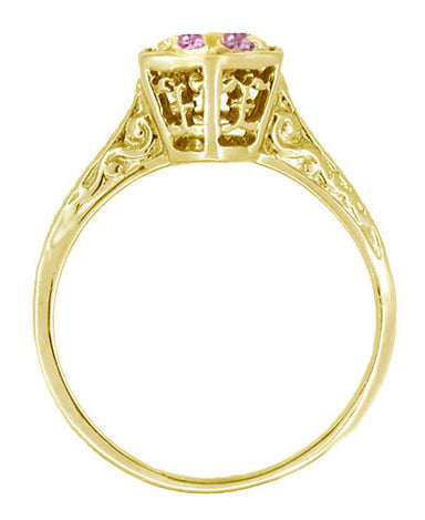 Art Deco 14 Karat Yellow Gold Pink Sapphire Hexagon Filigree Engagement Ring - alternate view