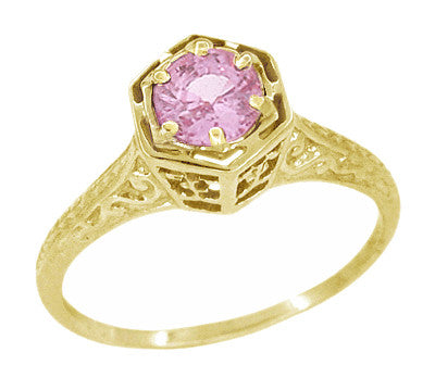 Art Deco 14 Karat Yellow Gold Pink Sapphire Hexagon Filigree Engagement Ring