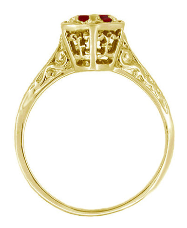 Art Deco Filigree Halo Hexagon Ruby Ring in 14K Yellow Gold - July Birthstone - alternate view