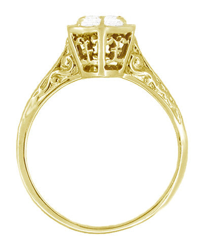 Art Deco White Sapphire Hexagonal Filigree Engagement Ring in 14K Yellow Gold - Item: R180Y33WS - Image: 2