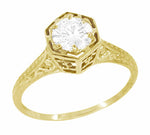 Art Deco White Sapphire Hexagonal Filigree Engagement Ring in 14K Yellow Gold