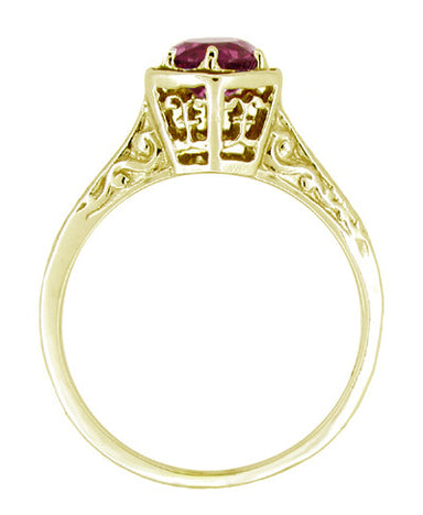 Art Deco 1.20 Carat Rhodolite Garnet Engraved Hexagon Filigree Engagement Ring in 14K Yellow Gold - alternate view