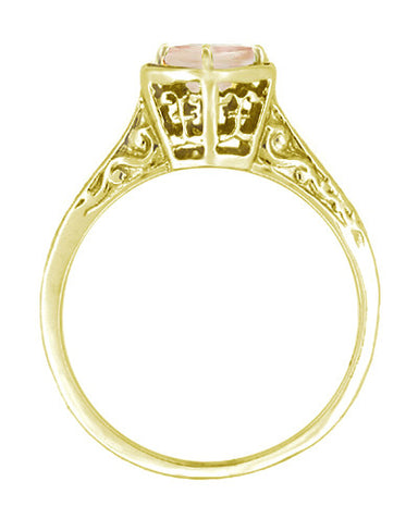 Art Deco Vintage Style Engraved Filigree Morganite Hexagon Ring in 14K Yellow Gold - alternate view