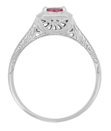 Filigree Scrolls Square Top Art Deco Engraved Rhodolite Garnet Engagement Ring in 14 Karat White Gold - alternate view