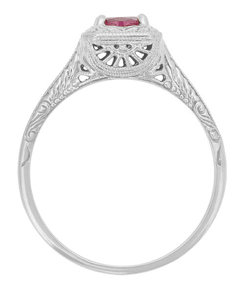 Filigree Scrolls Square Top Art Deco Engraved Rhodolite Garnet Engagement Ring in 14 Karat White Gold - Item: R182W - Image: 2