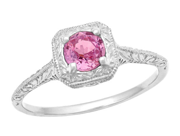 Filigree Scroll Engraved Antique Platinum Pink Sapphire Art Deco Engagement Ring - R183PPS