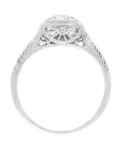 Filigree Scrolls Engraved White Sapphire Engagement Ring in Platinum - Item: R183PWS - Image: 2