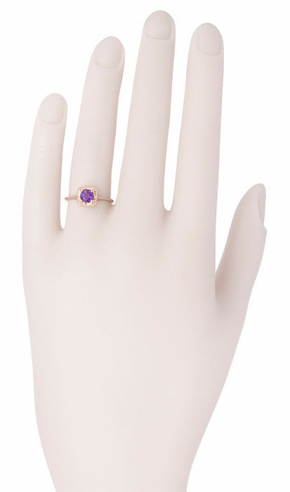 Art Deco Amethyst Filigree Scrolls Engraved 14 Karat Rose Gold Engagement Ring - Item: R183RAM - Image: 3