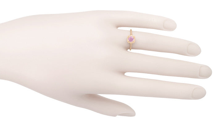 Art Deco Filigree Scrolls Engraved Pink Sapphire Engagement Ring in 14 Karat Rose Gold - Item: R183RPS - Image: 4