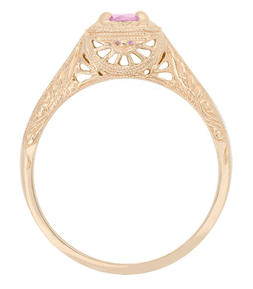 Art Deco Filigree Scrolls Engraved Pink Sapphire Engagement Ring in 14 Karat Rose Gold - Item: R183RPS - Image: 2