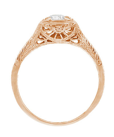 Filigree Scrolls Engraved White Sapphire Engagement Ring in 14 Karat Rose ( Pink ) Gold - alternate view