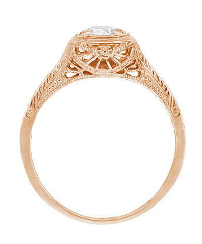 Filigree Scrolls Engraved White Sapphire Engagement Ring in 14 Karat Rose ( Pink ) Gold - Item: R183RWS - Image: 2