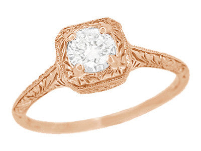 Filigree Scrolls Engraved White Sapphire Engagement Ring in 14 Karat Rose ( Pink ) Gold