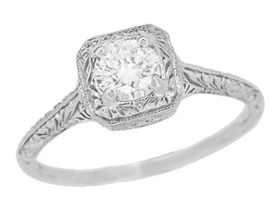 Filigree Scrolls 1/4 Carat Diamond Engraved Art Deco Engagement Ring in 14 Karat White Gold