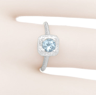 Solitaire Art Deco Filigree Antique Aquamarine Engagement Ring close up image  on a finger - R183WA
