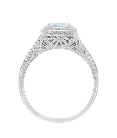 Filigree Scrolls Engraved Aquamarine Engagement Ring in 14 Karat White Gold - alternate view