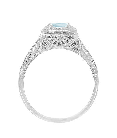 Side Filigree on Art Deco Aquamarine Vintage Engagement Ring with Carved Scrolls on Band in White Gold - R183WA