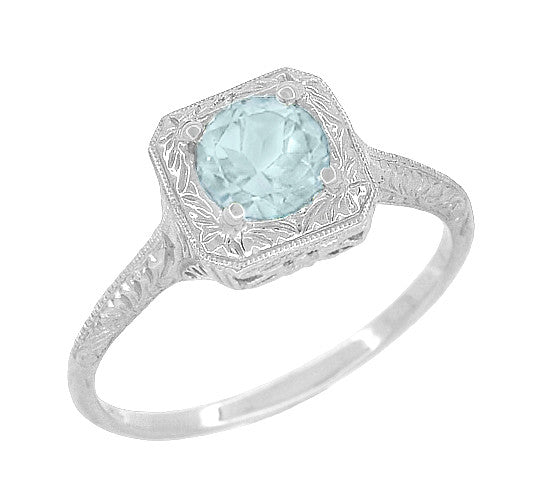 1920s Filigree Scrolls Engraved Aquamarine Vintage Engagement Ring in White Gold - R183WA