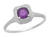 Art Deco Filigree Scrolls Engraved Amethyst Engagement Ring in 14 Karat White Gold