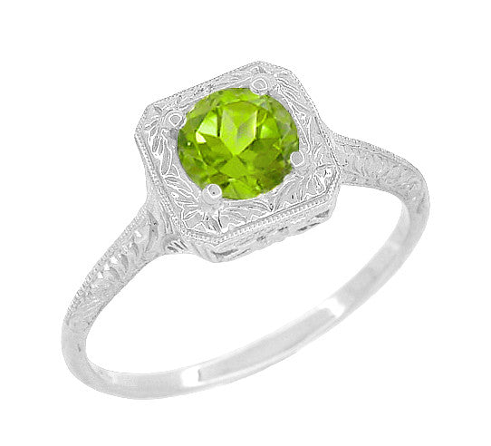 1920's Filigree Scrolls Engraved Vintage Peridot Engagement Ring in 14K White Gold - Square Top Solitaire - R183WPER
