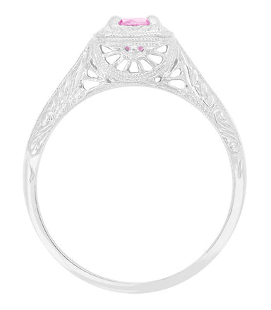 Art Deco Engraved 1920's Square Top Filigree Pink Sapphire Engagement Ring in 14 Karat White Gold - alternate view