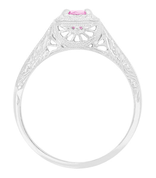 Art Deco Engraved 1920's Square Top Filigree Pink Sapphire Engagement Ring in 14 Karat White Gold - Item: R183WPS - Image: 2