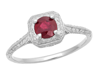 Art Deco 1920's Scroll Carved Filigree Vintage Ruby Engagement Ring Solitaire in White Gold - R183WR