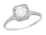 Filigree Scrolls Engraved White Sapphire Engagement Ring in 14 Karat White Gold