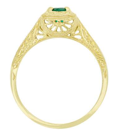 Art Deco Engraved Scrolls 14 Karat Yellow Gold Filigree Emerald Engagement Ring - alternate view